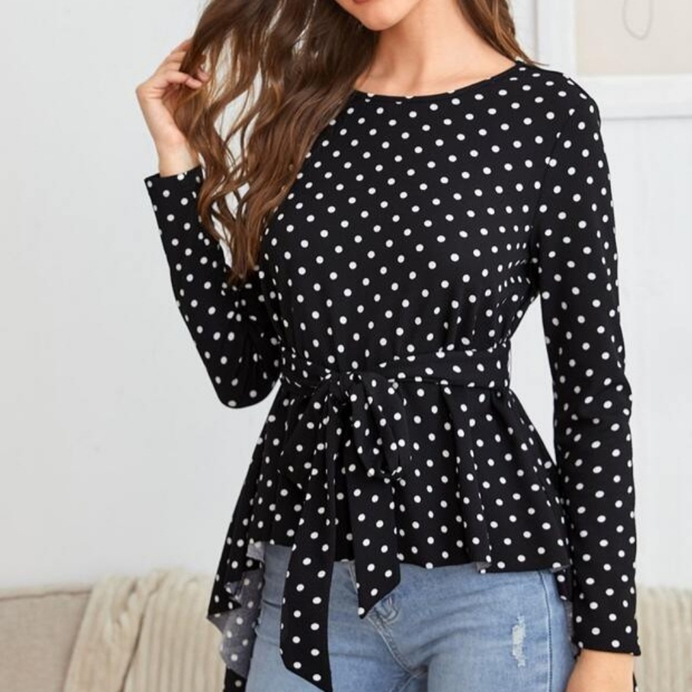 Shein • Women's Black and White Polka Dot High-Low Belted Blouse Top